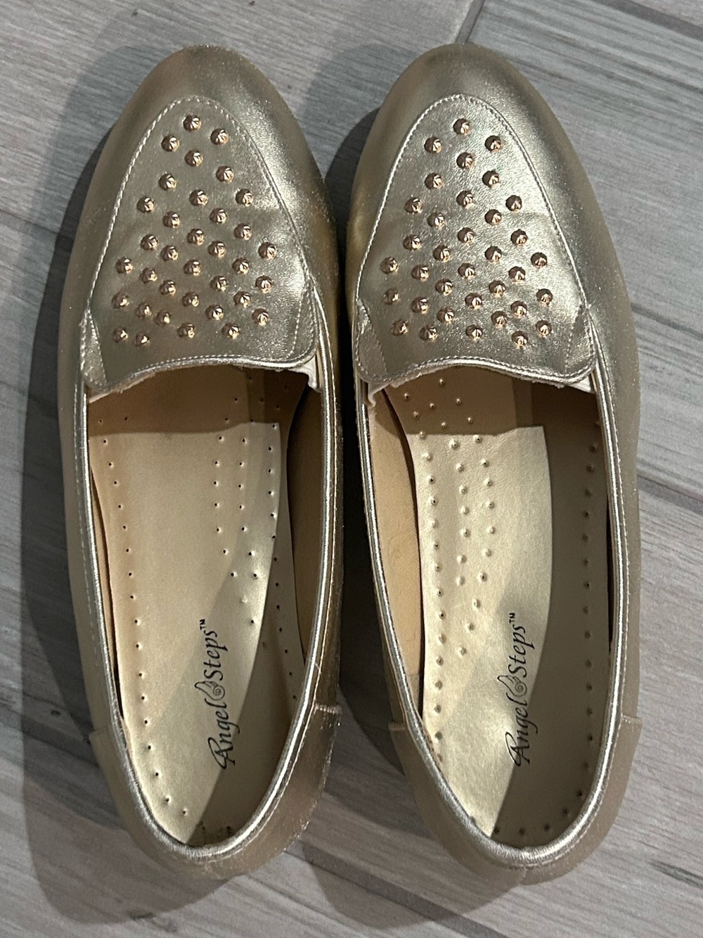 Women's Angel Steps Metallic Gold Studded Loafers size 9